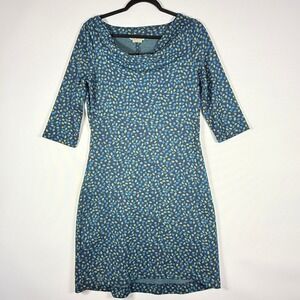 Royal Robbins Dress Medium Blue Green Polka Dot Whimsical‎ Cowl Neck 3/4 Sleeve
